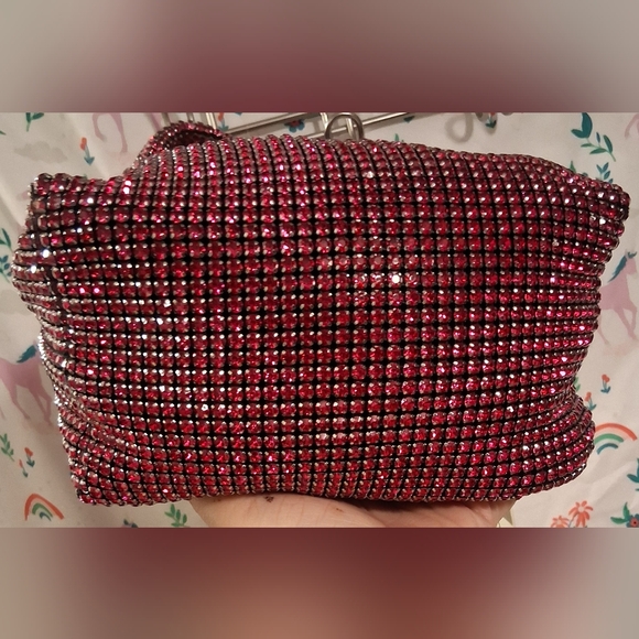 NWT Madison West Hot Pink Rhinestone Club Prom Knit Dumpling Purse Mini Bag - Picture 6 of 14